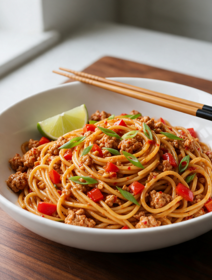 Overhead bowl of spicy ground turkey noodles with scallions, red pepper and lime on a dark wooden table