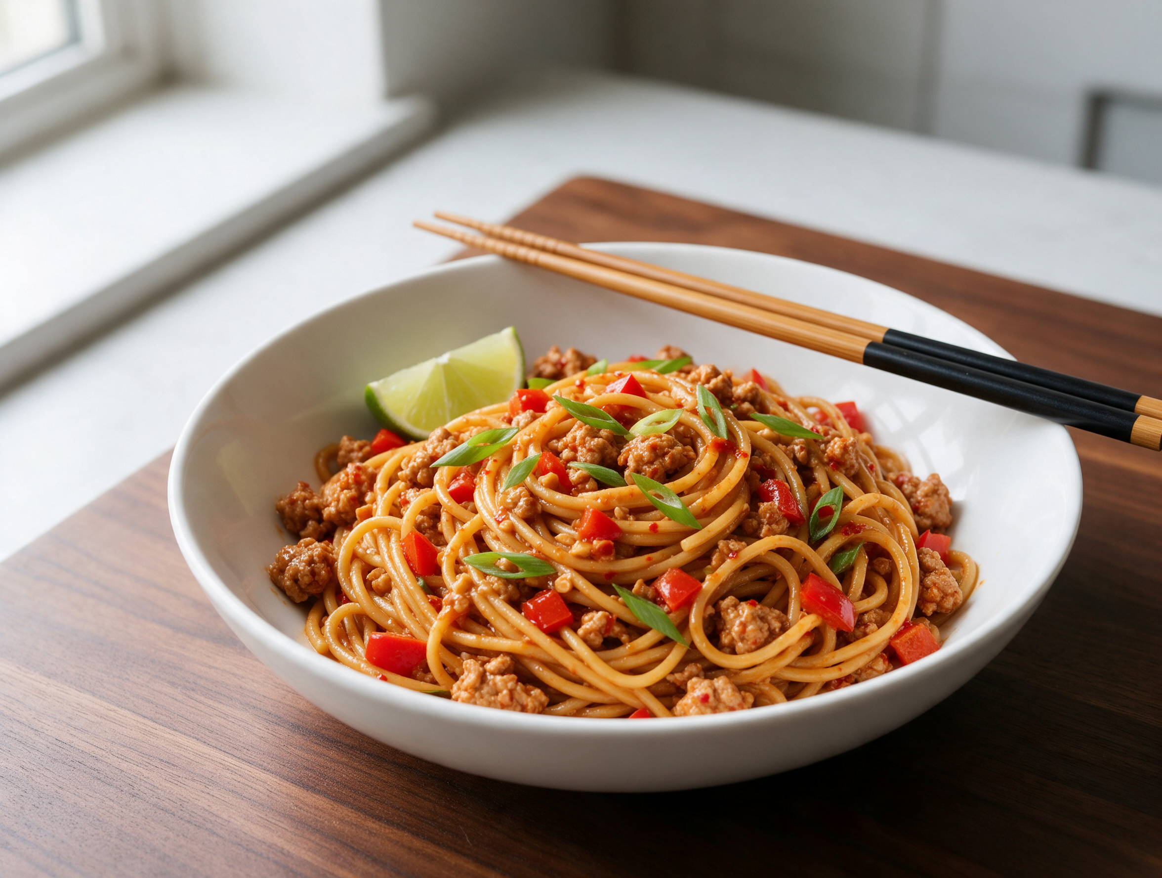 Overhead bowl of spicy ground turkey noodles with scallions, red pepper and lime on a dark wooden table