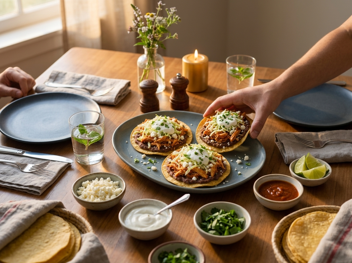 Family dinner table with a platter of tostadas, lime wedges, a bowl of yogurt and glasses of water, evening light