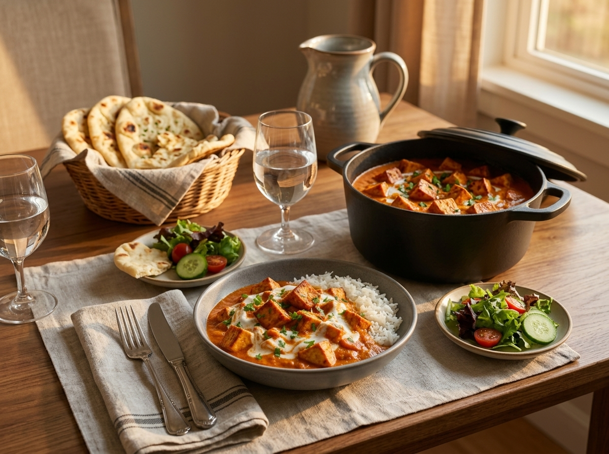 Family-style table with a Dutch oven of tikka masala, two plated rice bowls, naan and glasses by a window