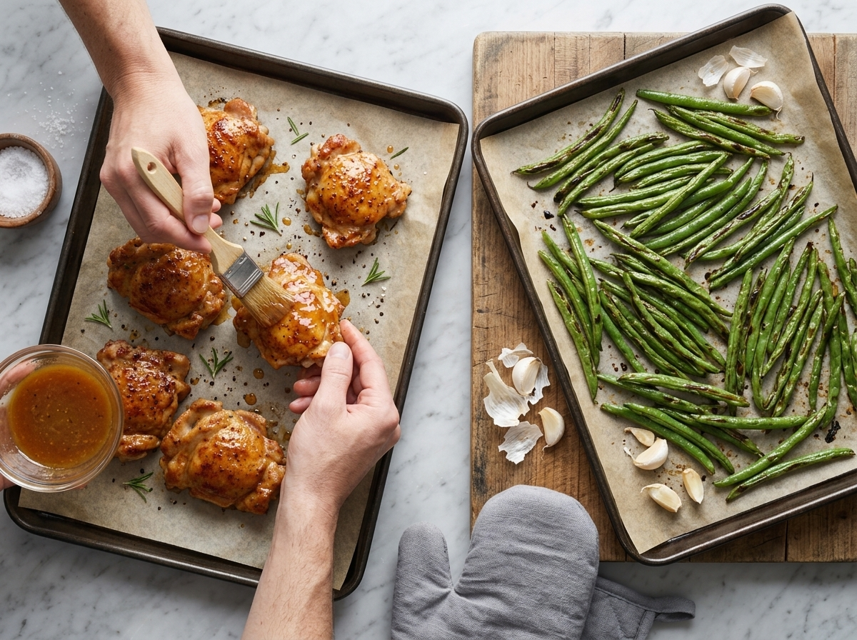 Brushing the last of the amber glaze over browned chicken thighs on a parchment-lined sheet pan, beans roasting nearby
