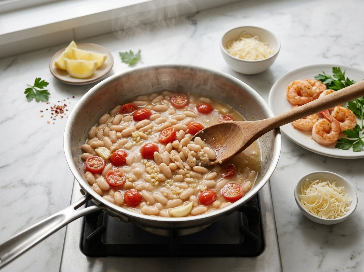 Wooden spoon mashing cannellini beans against the side of a skillet with tomatoes and garlic simmering