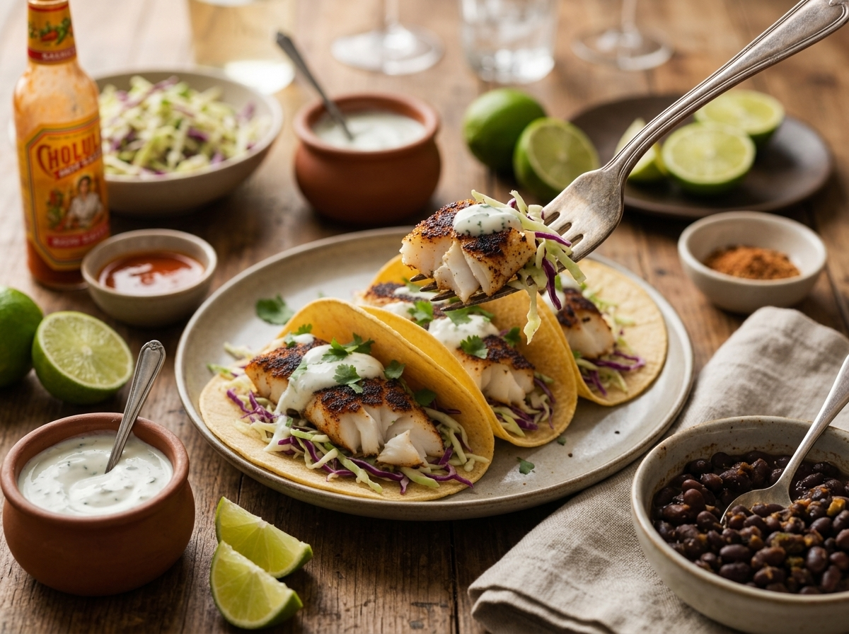 Family taco night on a wooden table with hot sauce, black beans, linen napkins and hands reaching for a taco