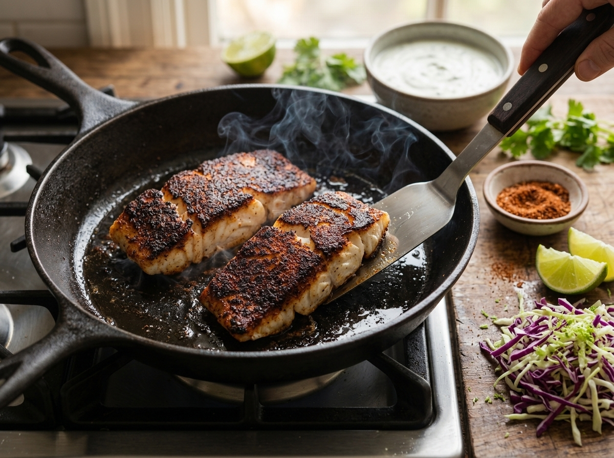 Spice-crusted cod fillets searing in a cast iron skillet as a fish spatula lifts one edge to check the crust