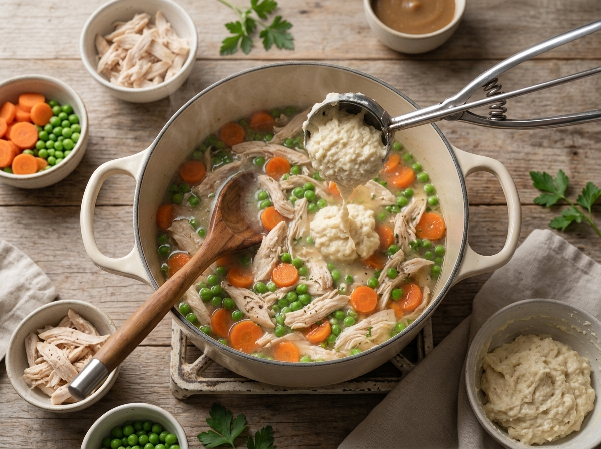 Cook dropping scoops of sticky dough onto bubbling carrot and pea stew in an enameled Dutch oven