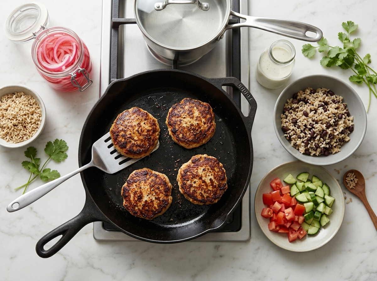 Turkey patties browning in a cast-iron skillet next to a jar of sliced red onions soaking in vinegar brine