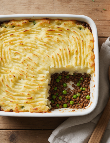 Golden-edged lentil shepherd's pie in a white baking dish with one square cut out, on a wooden board