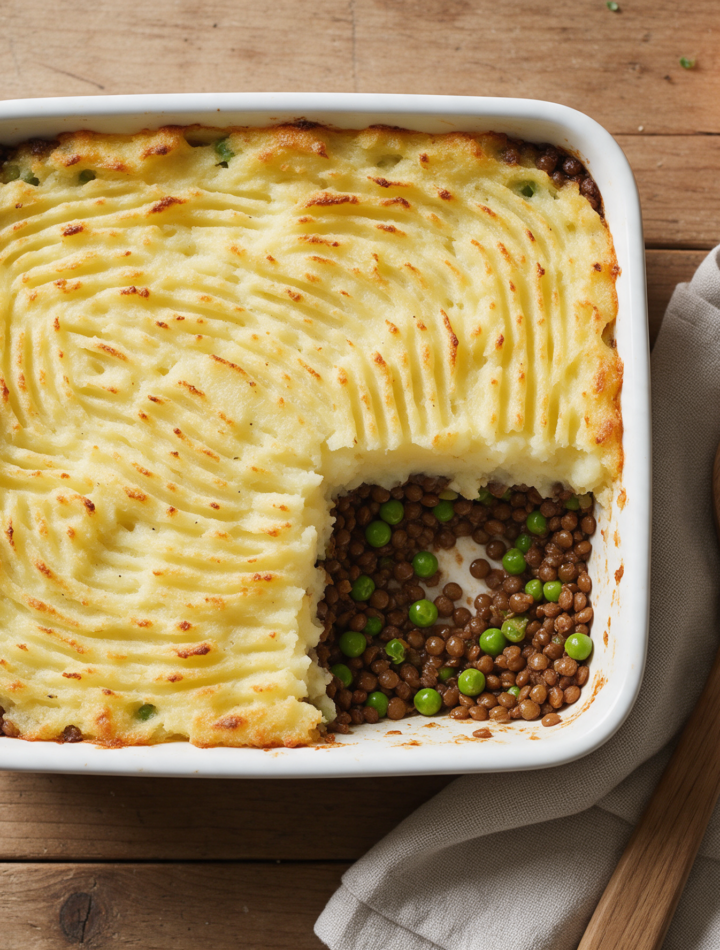 Golden-edged lentil shepherd's pie in a white baking dish with one square cut out, on a wooden board