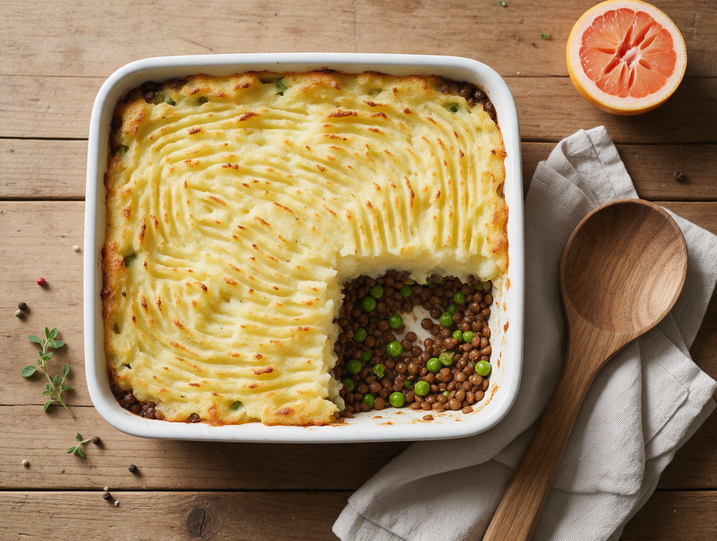 Golden-edged lentil shepherd's pie in a white baking dish with one square cut out, on a wooden board