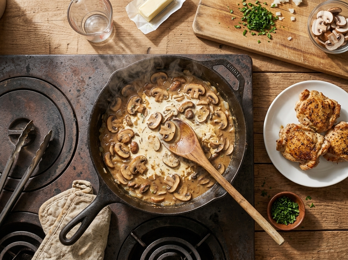 Browned mushrooms and onions in a cast-iron skillet while broth and cream are stirred in