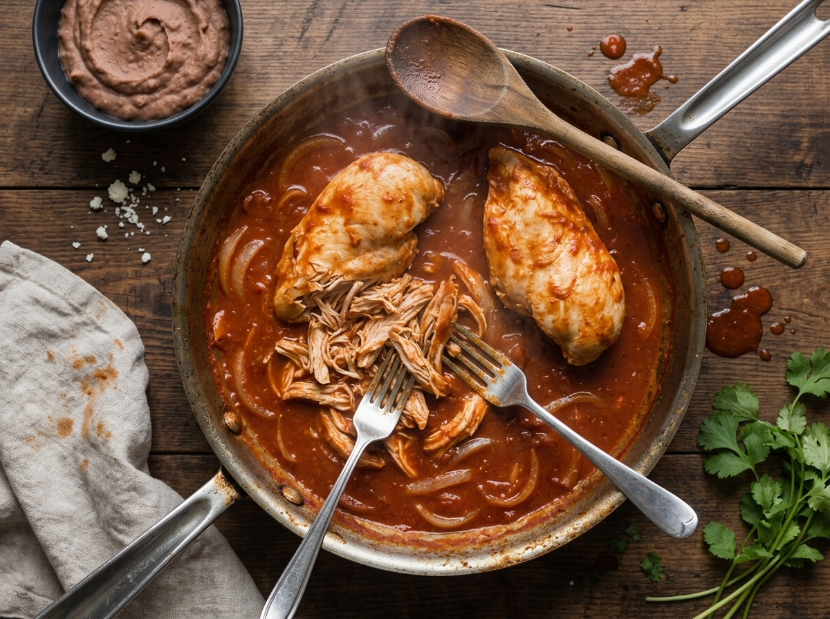 Shredding chicken breast with two forks in a skillet of red chipotle tomato sauce, steam rising from the pan