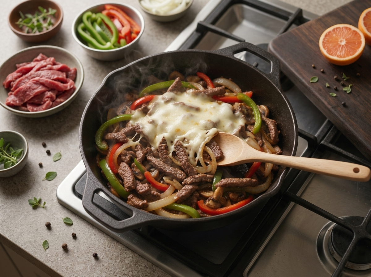 Thin beef slices browning in a hot skillet while a wooden spoon pushes them aside, steam rising off the pan