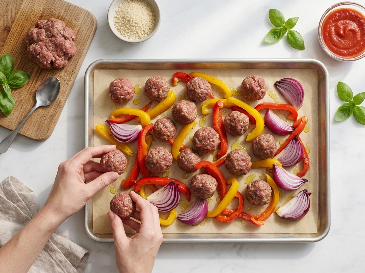 Hands rolling raw beef mixture into even balls beside a parchment-lined pan of sliced peppers and red onion wedges
