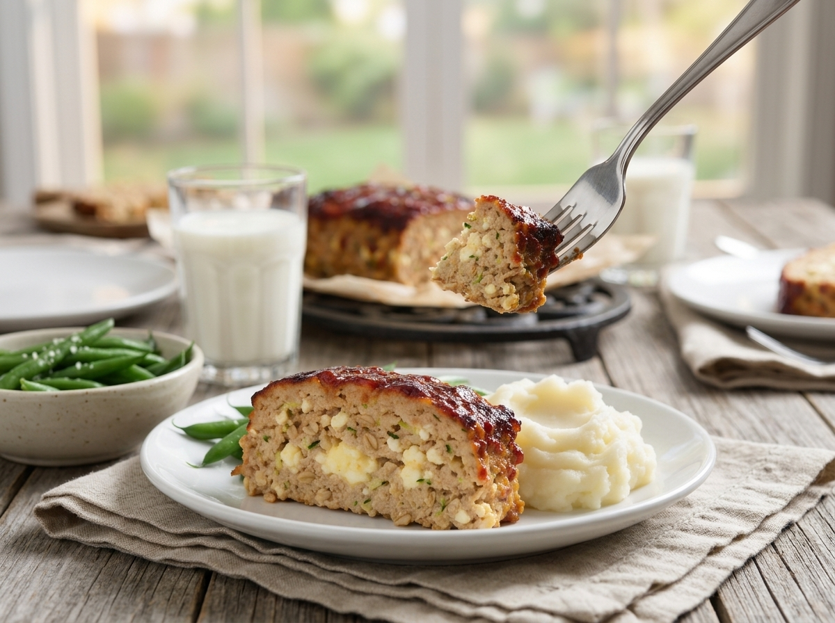 Family dinner table set with meatloaf slices, a bowl of vegetables, milk glasses and linen napkins in evening light