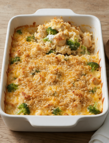 Panko-topped chicken broccoli cheddar casserole in a white baking dish, one scoop lifted out, on a wooden table