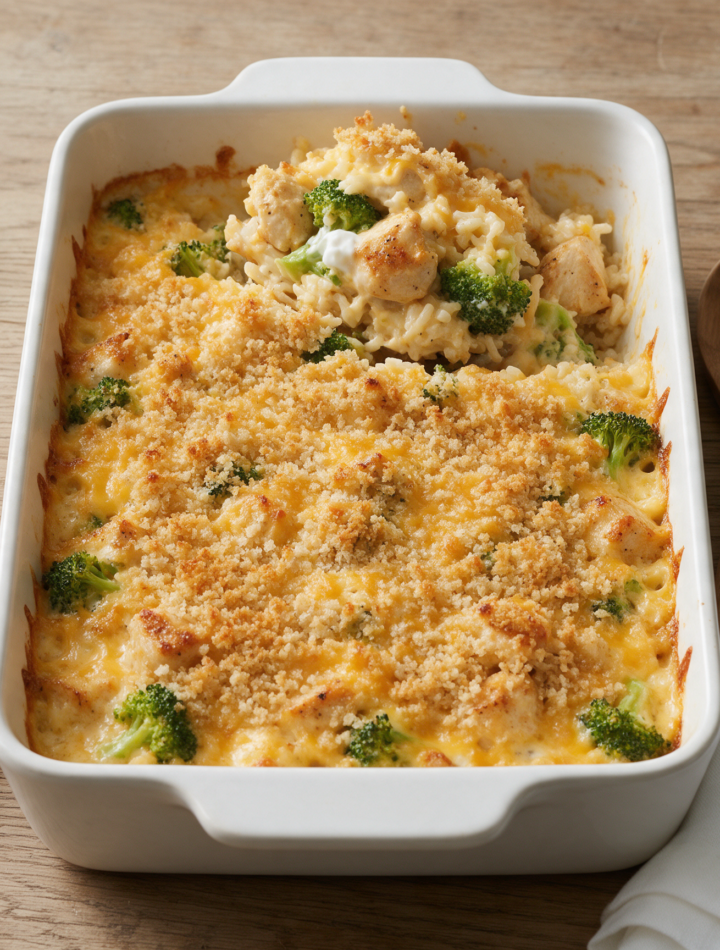Panko-topped chicken broccoli cheddar casserole in a white baking dish, one scoop lifted out, on a wooden table