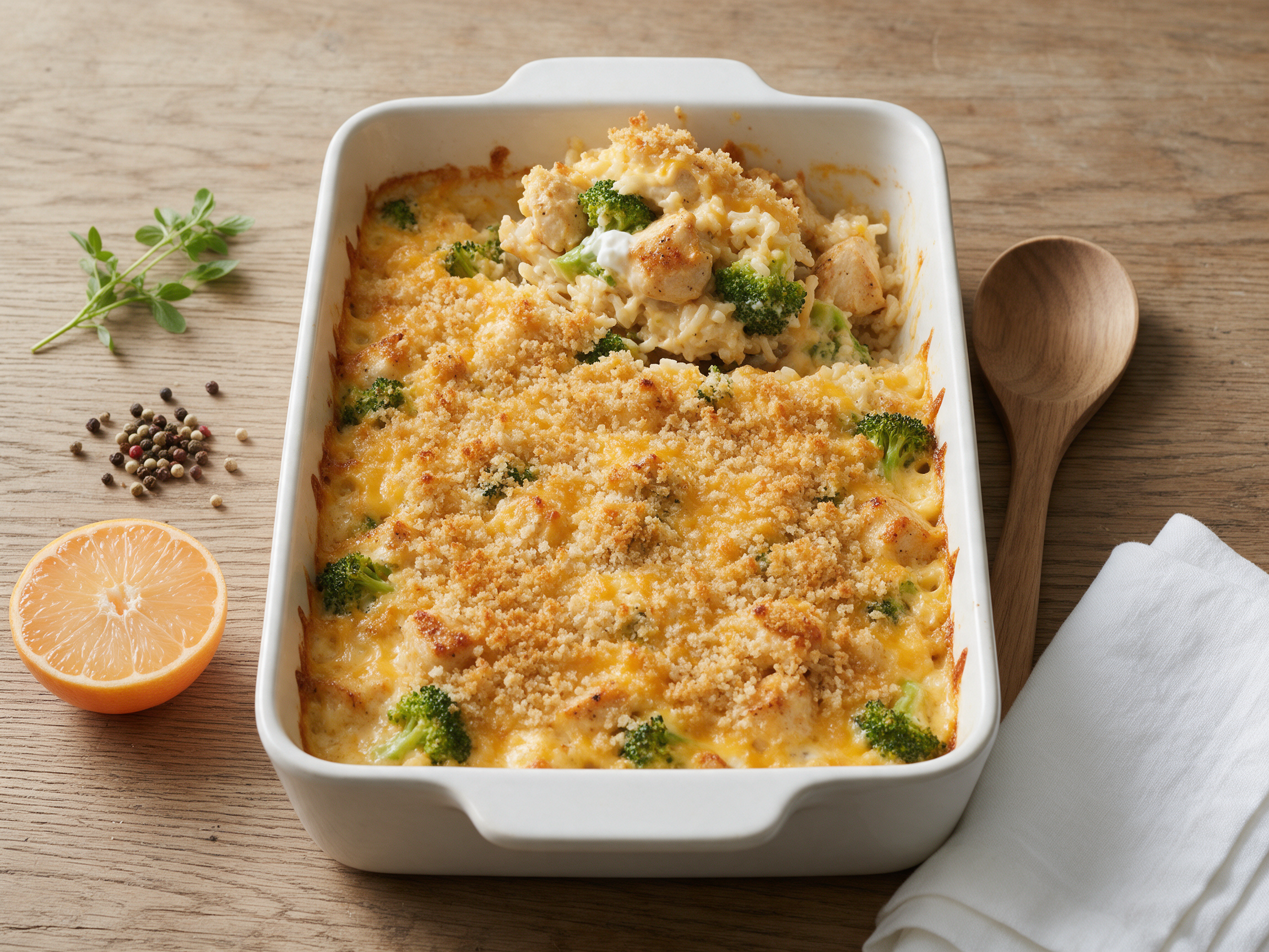 Panko-topped chicken broccoli cheddar casserole in a white baking dish, one scoop lifted out, on a wooden table