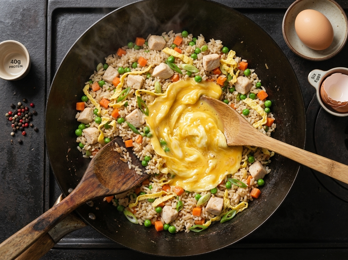 Wooden spatula folding beaten egg into hot rice in a black wok, steam rising off the grains