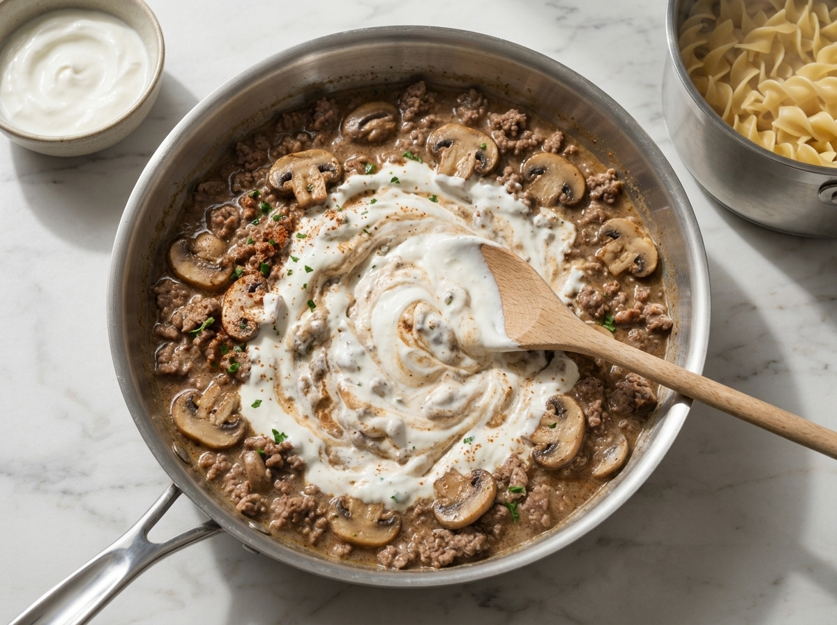 Wooden spoon stirring Greek yogurt into a beef and mushroom sauce in a 12-inch skillet off the heat