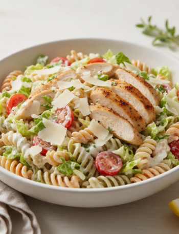 Rotini Caesar salad with sliced seared chicken, halved tomatoes and shaved Parmesan in a white bowl, shot from above