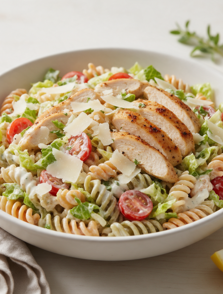 Rotini Caesar salad with sliced seared chicken, halved tomatoes and shaved Parmesan in a white bowl, shot from above
