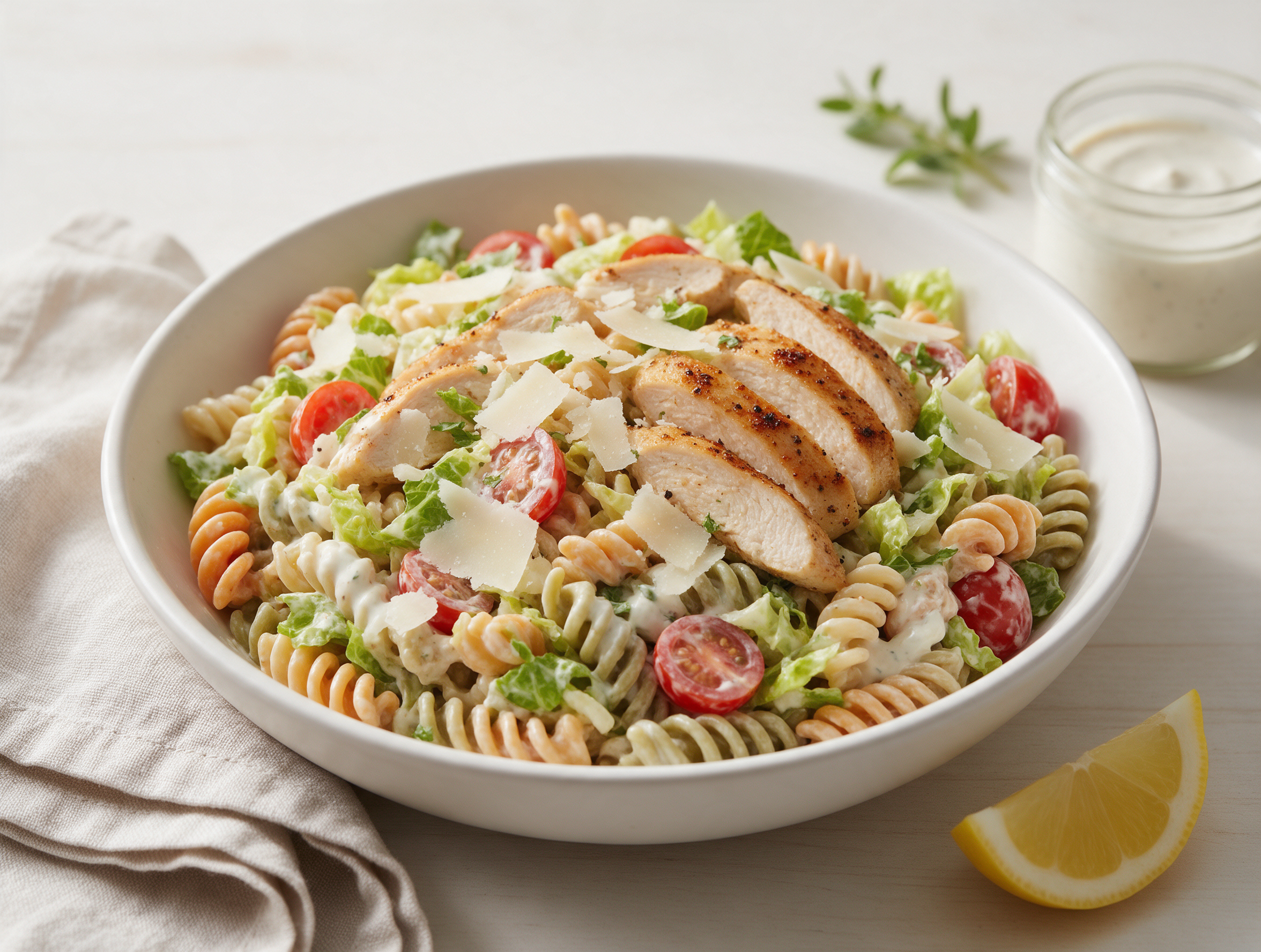 Rotini Caesar salad with sliced seared chicken, halved tomatoes and shaved Parmesan in a white bowl, shot from above