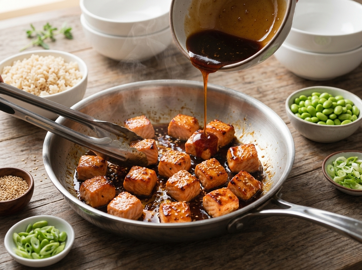 Salmon cubes browning in a 12-inch skillet as honey garlic sauce is poured over, tongs mid-turn