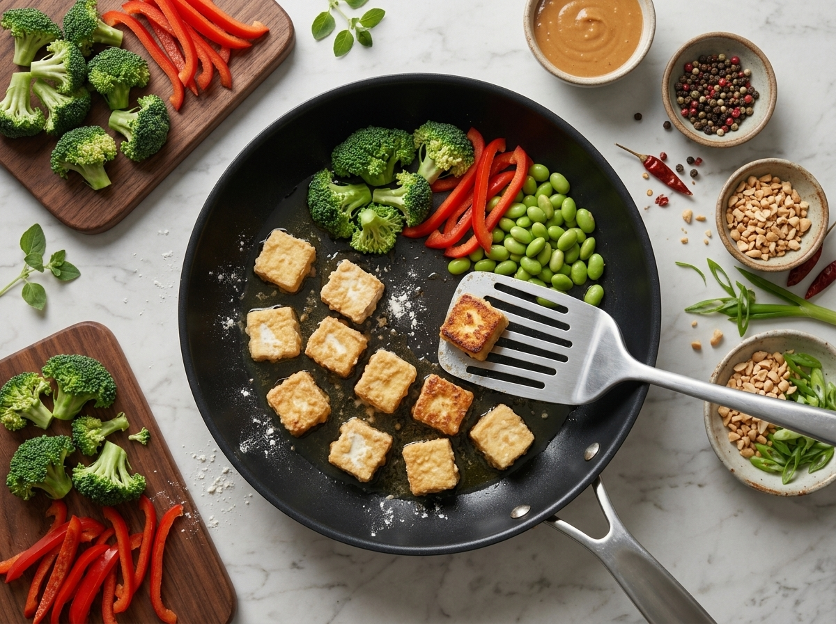 Floured tofu cubes browning in one layer in a deep skillet, with a spatula mid-turn on one cube