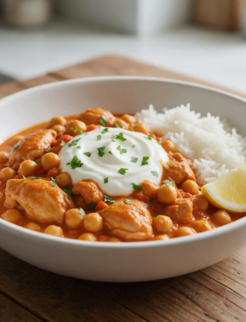 Chicken thigh pieces and chickpeas in orange tomato curry sauce with a yogurt swirl and cilantro in a white bowl
