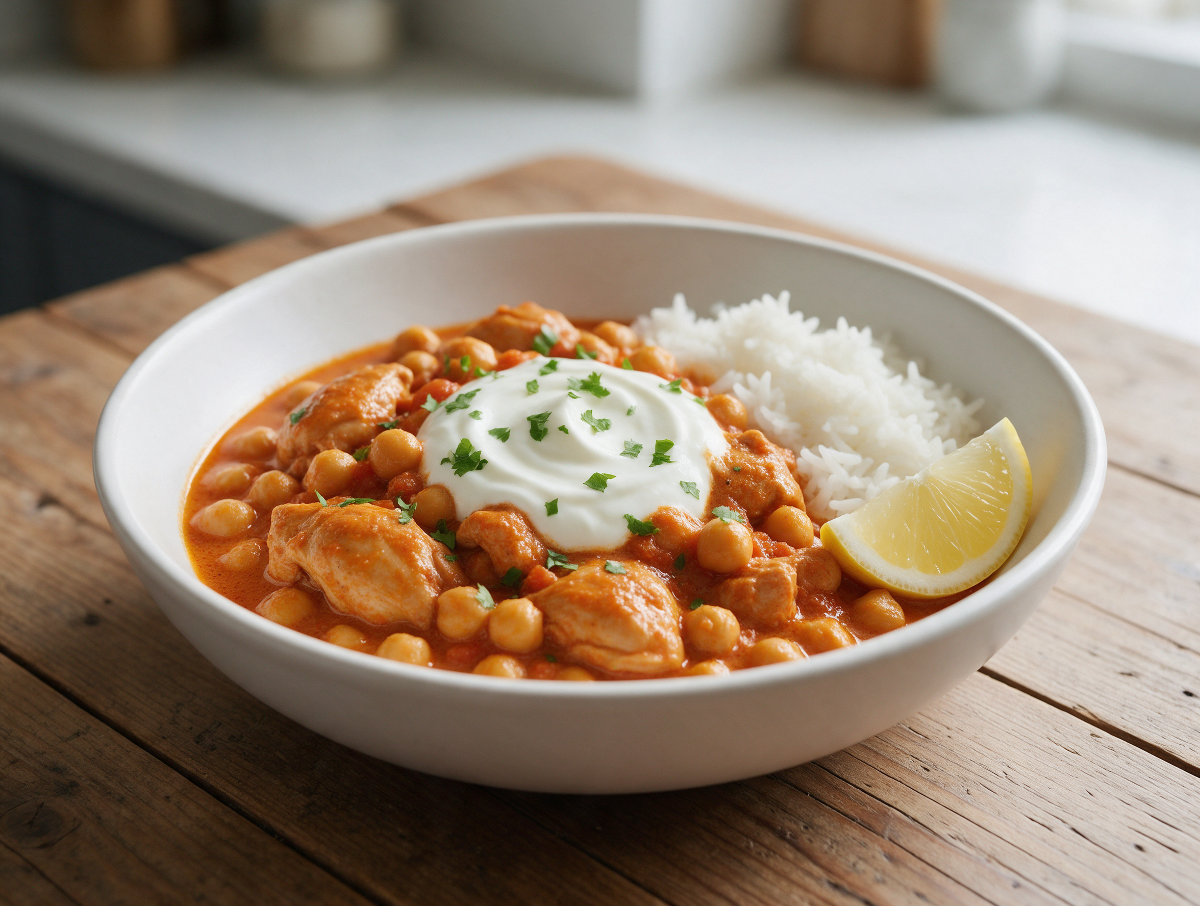 Chicken thigh pieces and chickpeas in orange tomato curry sauce with a yogurt swirl and cilantro in a white bowl