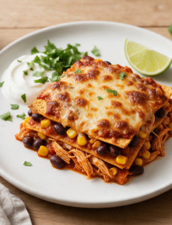 Square of chicken tortilla bake with browned cheese, black beans and a spoonful of Greek yogurt on a white plate