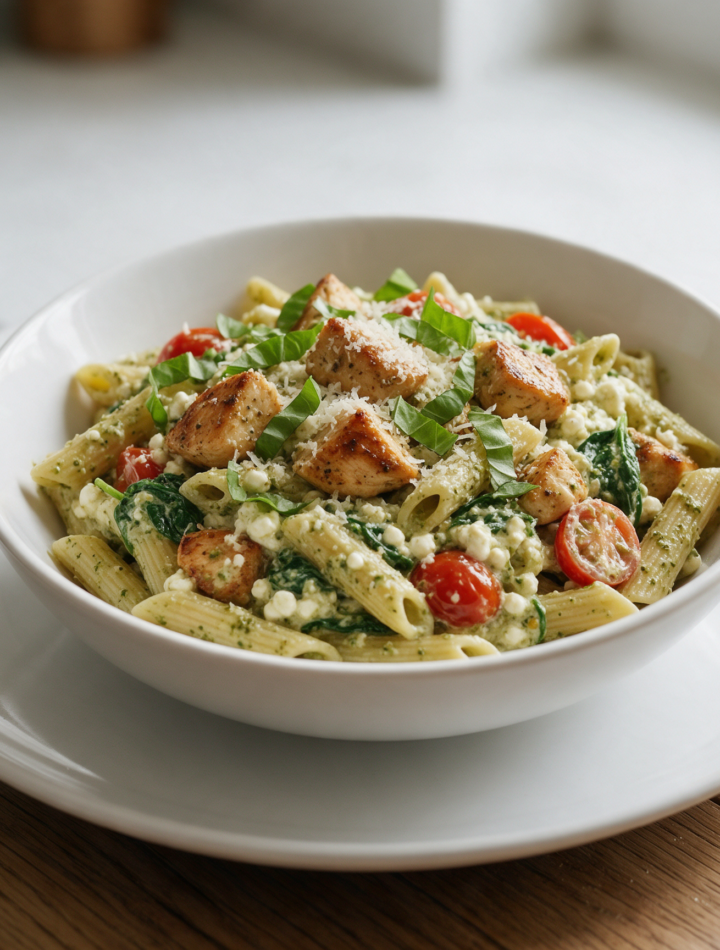 Overhead view of chicken pesto pasta in a white bowl with browned chicken, cherry tomatoes and spinach on oak