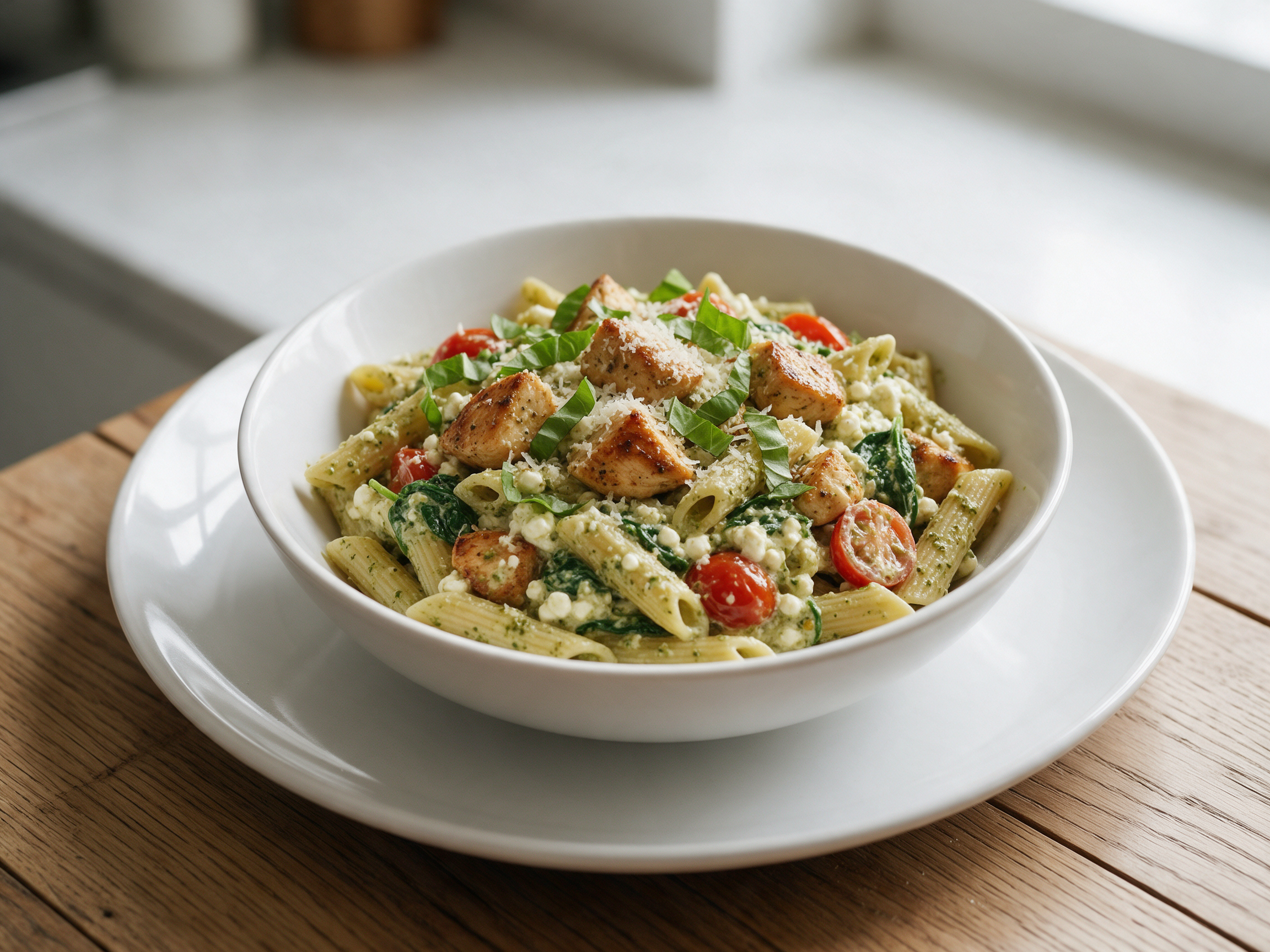 Overhead view of chicken pesto pasta in a white bowl with browned chicken, cherry tomatoes and spinach on oak