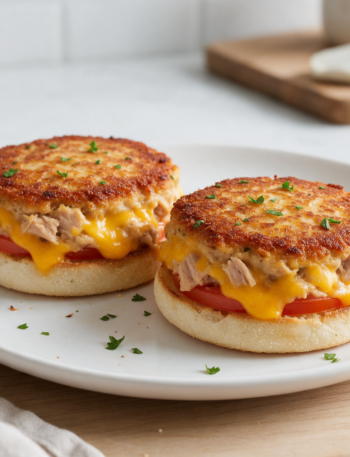 Two crisp tuna melt patties with melted cheddar on toasted English muffin halves and tomato slices on a white plate