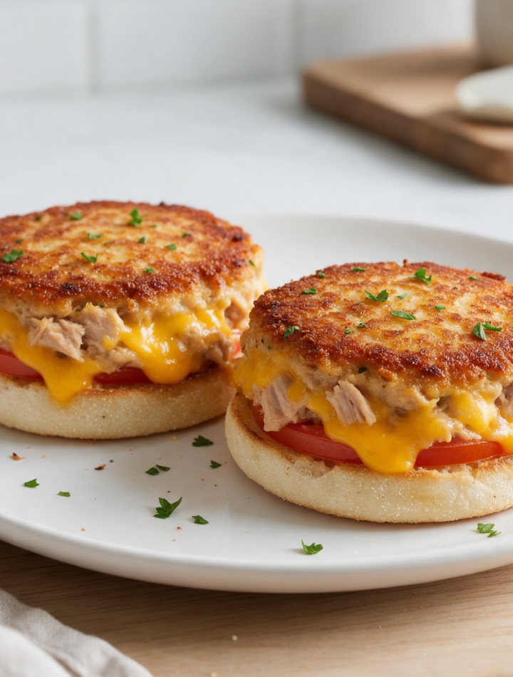 Two crisp tuna melt patties with melted cheddar on toasted English muffin halves and tomato slices on a white plate