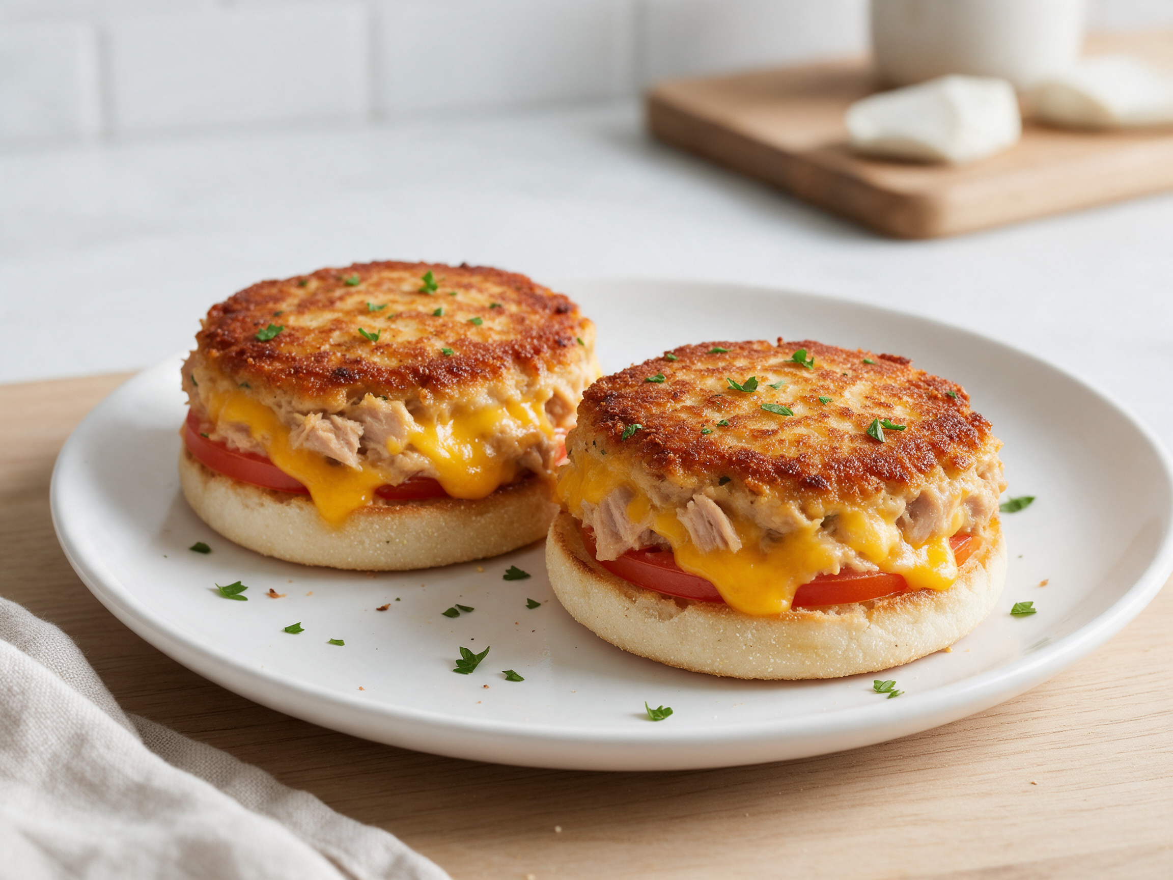 Two crisp tuna melt patties with melted cheddar on toasted English muffin halves and tomato slices on a white plate