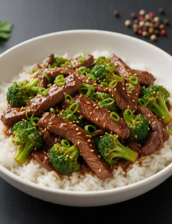 Skillet beef and broccoli in a white bowl over rice, glossy sauce, sesame seeds, on a dark wood table