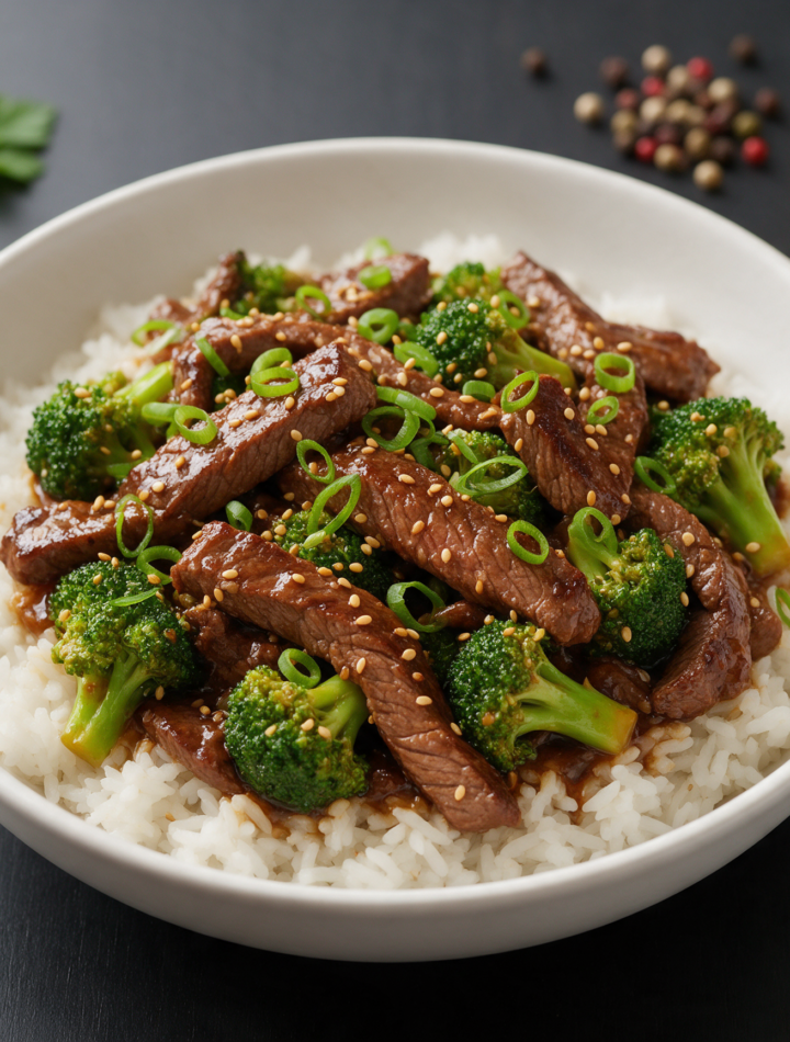 Skillet beef and broccoli in a white bowl over rice, glossy sauce, sesame seeds, on a dark wood table