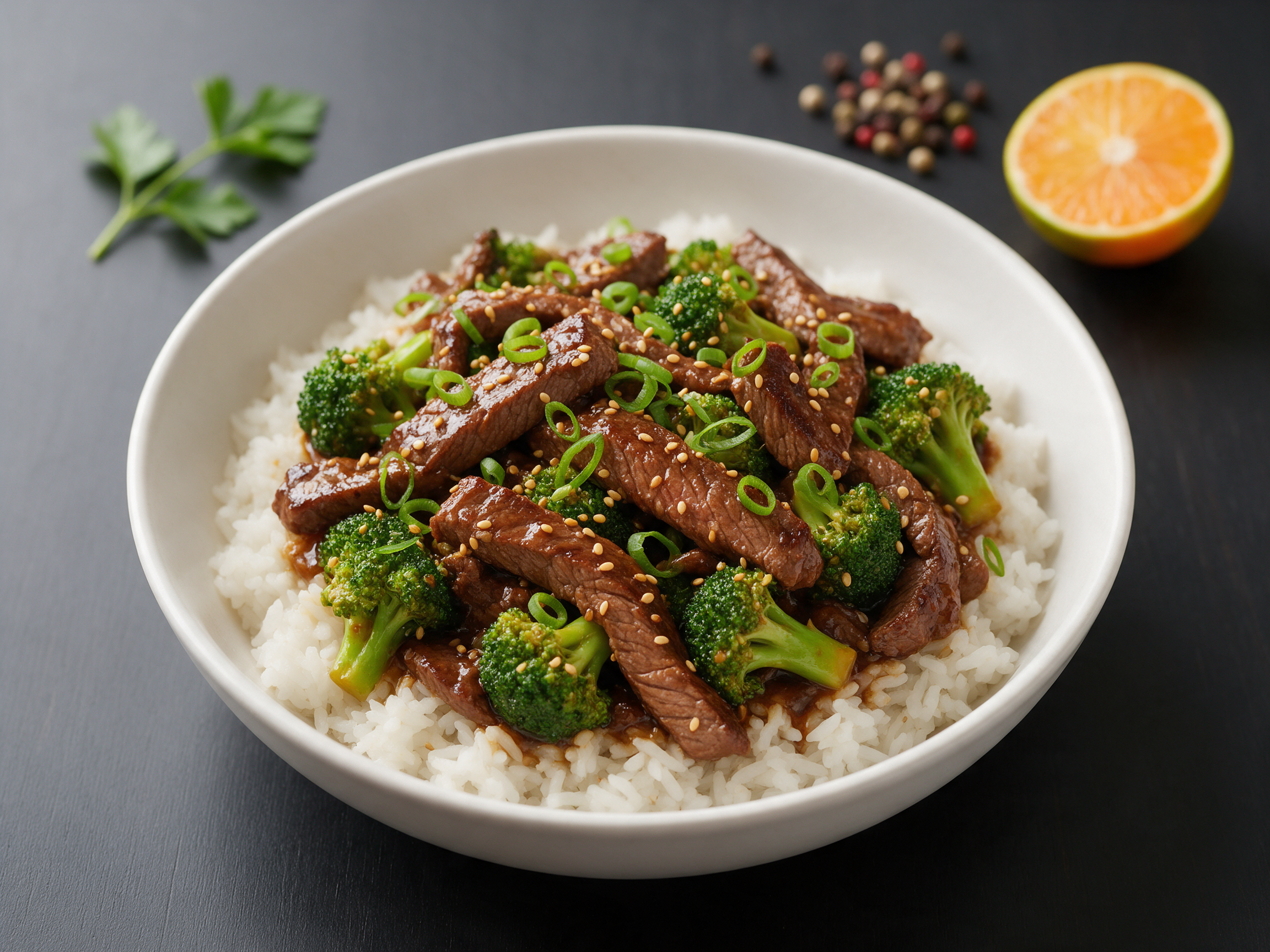 Skillet beef and broccoli in a white bowl over rice, glossy sauce, sesame seeds, on a dark wood table