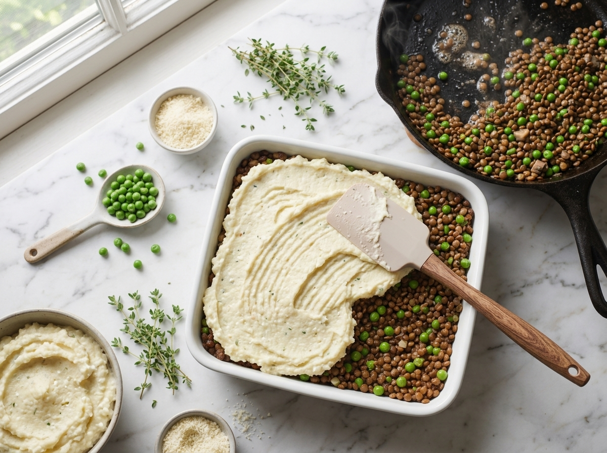 Spatula spreading cottage cheese mash over brown lentil filling in a rectangular dish before baking