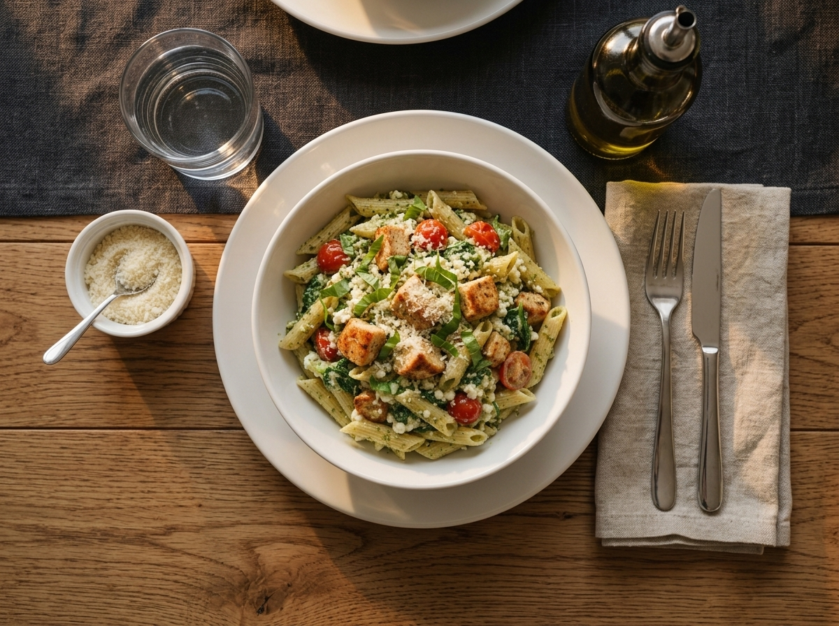 Family dinner table with bowls of pasta, a dish of grated Parmesan, a glass of water and a linen napkin in window light