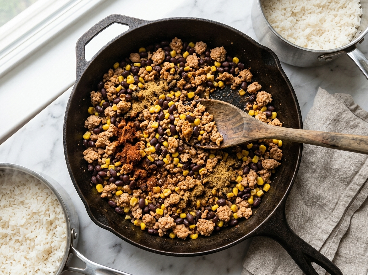 Ground turkey crumbles browning with black beans and corn in a 12-inch skillet, stirred with a wooden spoon