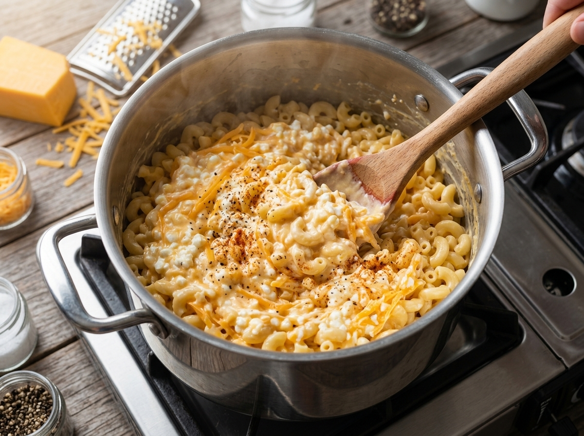 Blended cottage cheese sauce being folded into hot elbow macaroni with a silicone spatula in a stainless pot
