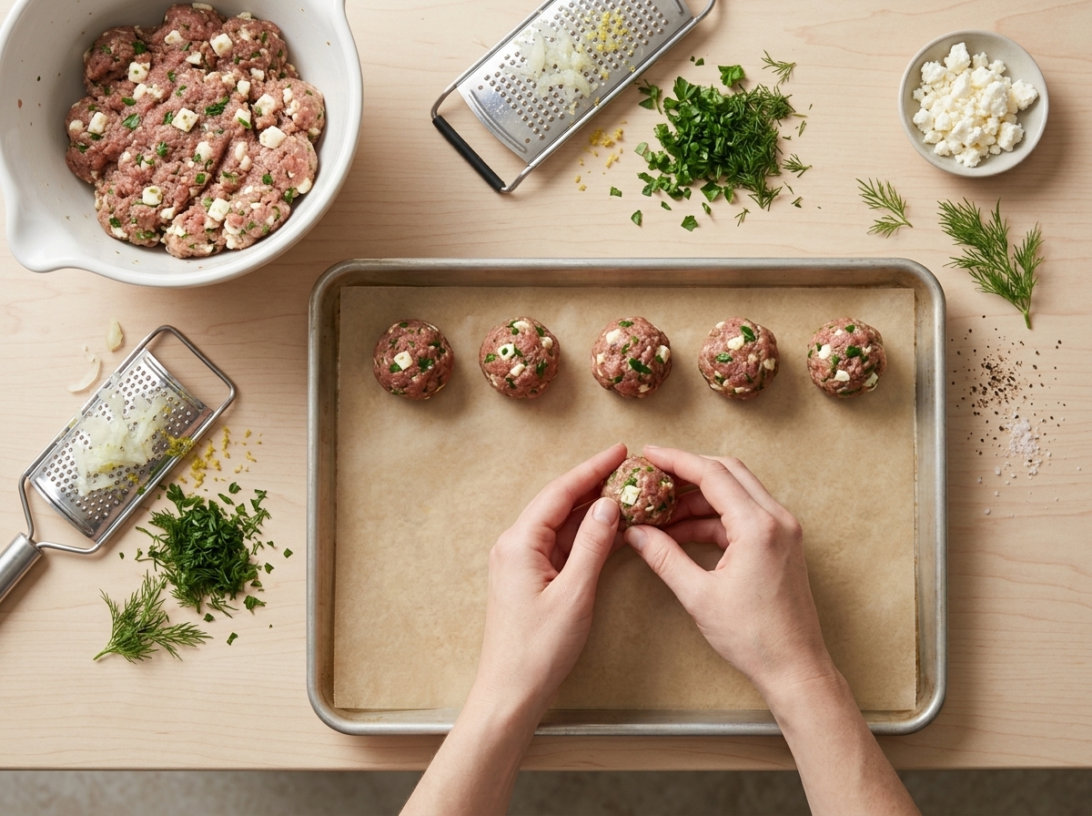 Hands rolling feta-flecked beef mixture into even balls lined up on a parchment-covered sheet pan