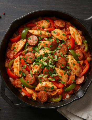 Cast-iron skillet of Cajun chicken, sliced andouille and red and green peppers in a tomato sauce on a dark wood table