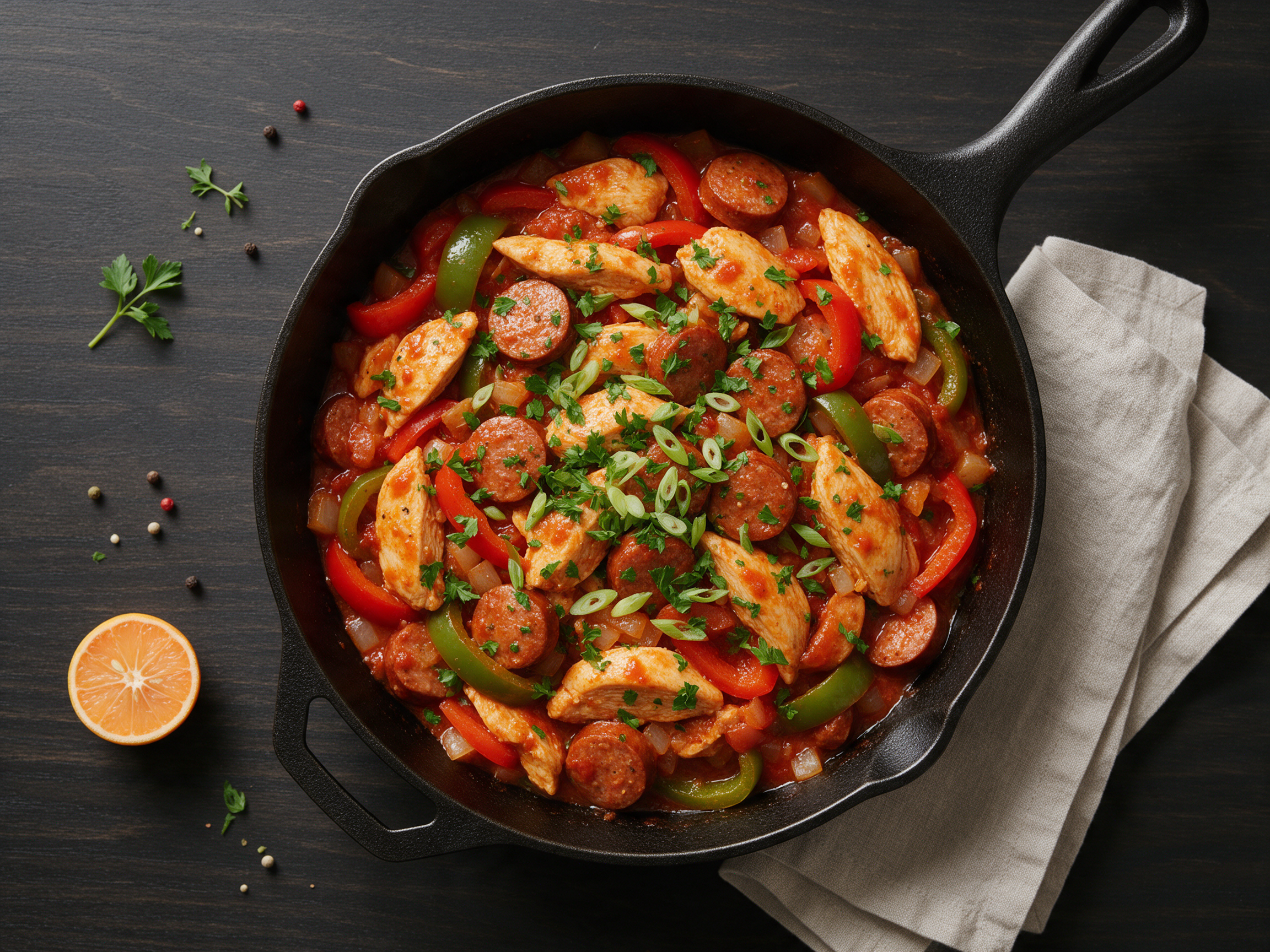 Cast-iron skillet of Cajun chicken, sliced andouille and red and green peppers in a tomato sauce on a dark wood table