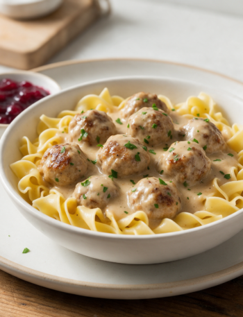 Overhead view of turkey Swedish meatballs in cream gravy over egg noodles with parsley and lingonberry jam