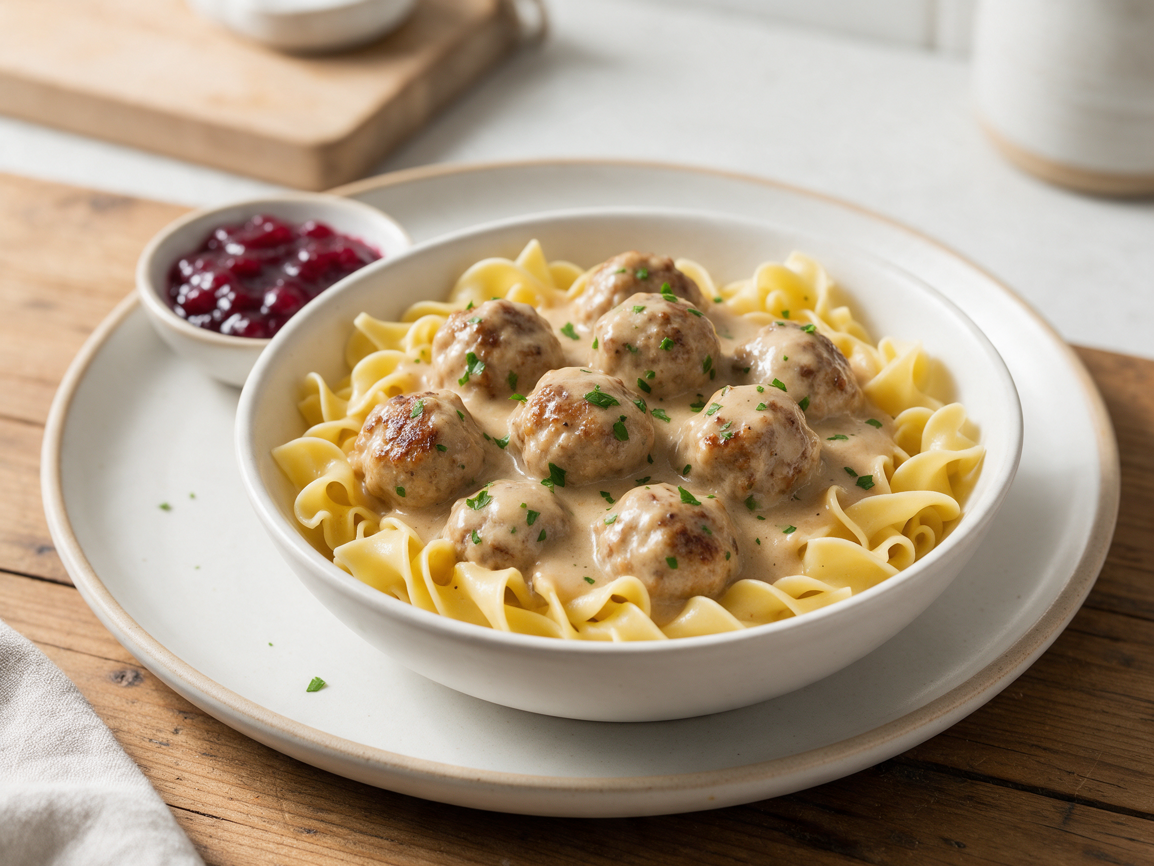 Overhead view of turkey Swedish meatballs in cream gravy over egg noodles with parsley and lingonberry jam
