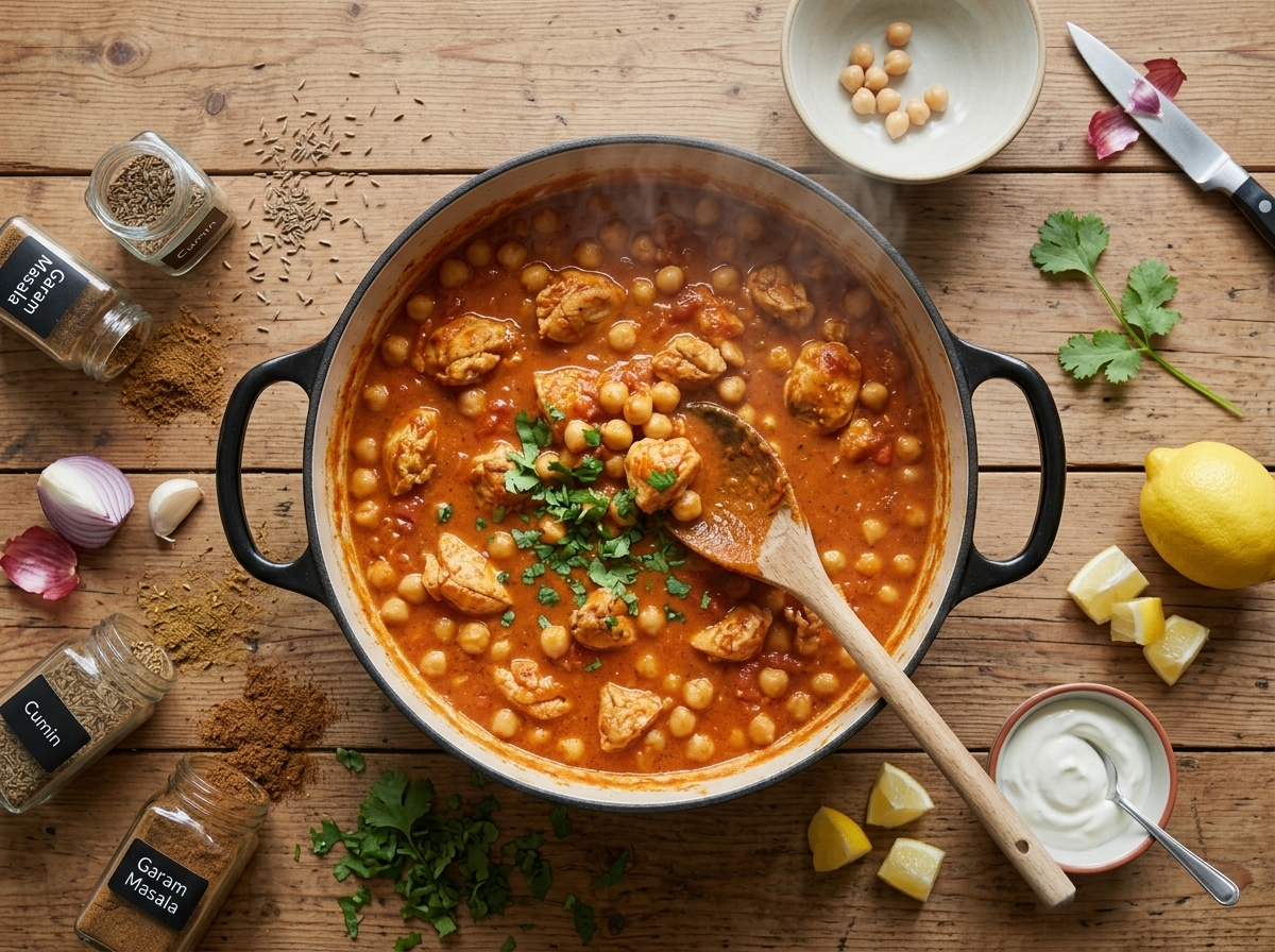 Wooden spoon stirring browned chicken and whole chickpeas into simmering sauce in a black Dutch oven on the stove