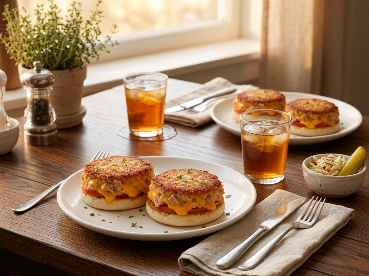 Dinner table set for two with open-faced tuna melt patties, a bowl of coleslaw, dill pickles and iced tea
